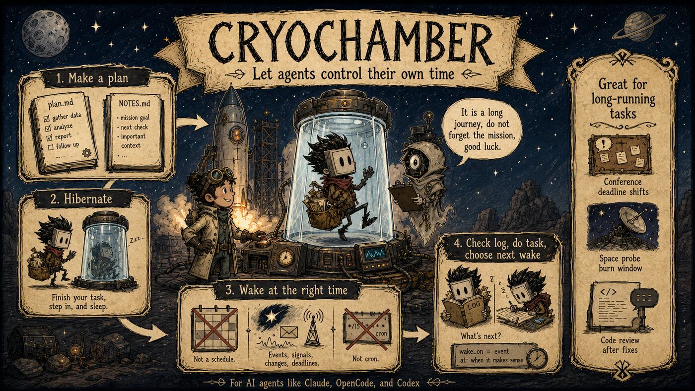 Cryochamber cartoon: make a plan, hibernate, wake at the right time, and choose the next wake